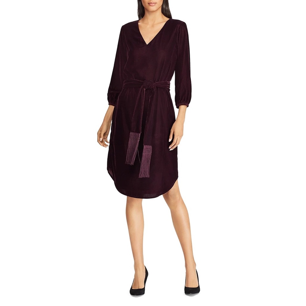 NEW Lauren Ralph Lauren Velvet 3/4 Sleeve Midi Dress Burgundy 6 NWT